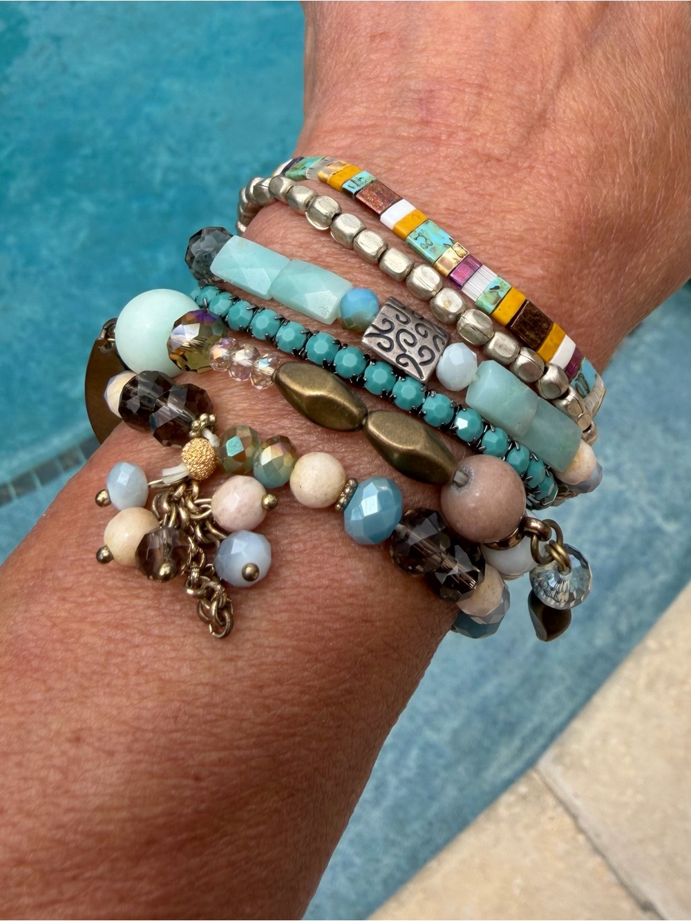 Multi-Strand Beaded Bracelet - Blue Green Peach beads, Brass, Silver Charms,